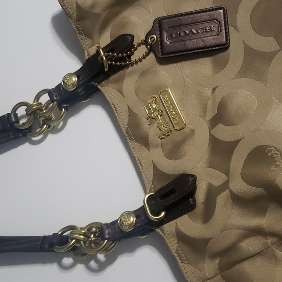 Coach Mia Op Art Lurex Brown Sateen Leather Trim Gold Hardware 15758 w/Dust Bag - Picture 2 of 8